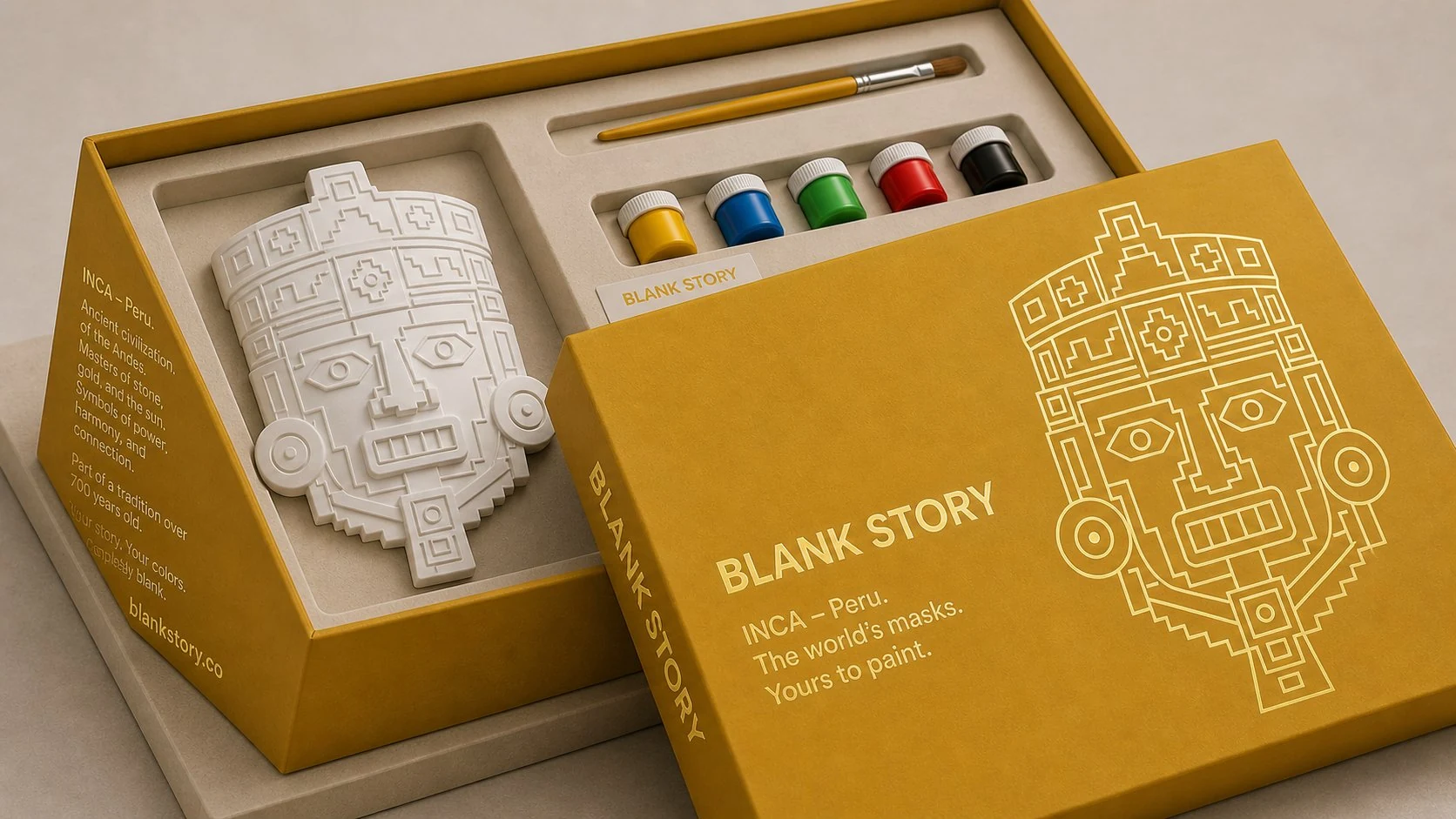 Inca BLANK Story mask painting kit, gold box open showing white plaster Andean funerary mask, paint pots, and brush
